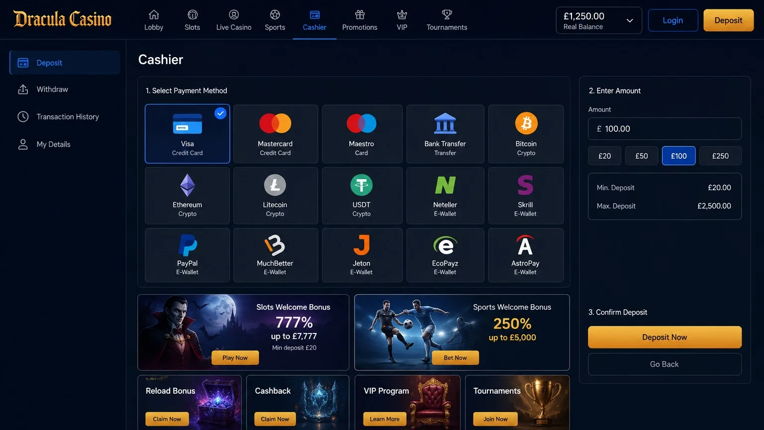 Banking and payment options at Dracula Casino